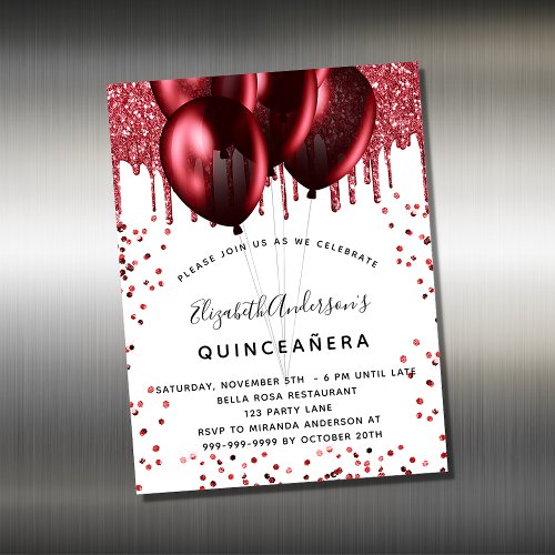 Quinceanera white red balloons invitation magnet
