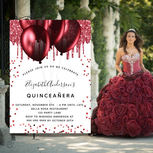 Quinceanera white red balloons luxury invitation