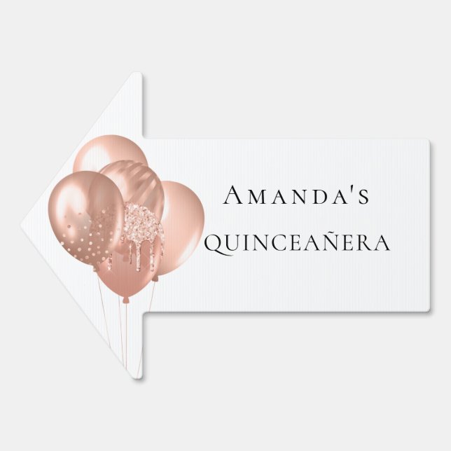 Quinceanera white rose gold balloons name arrow sign (Front)