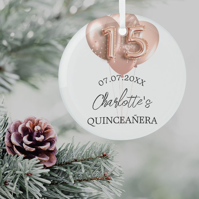 Quinceanera white rose gold balloons name glass ornament (Creator Uploaded)
