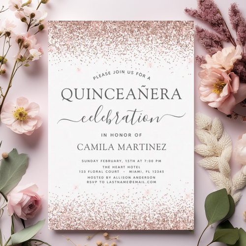 Quinceanera White Rose Gold Blush Pink Invitation