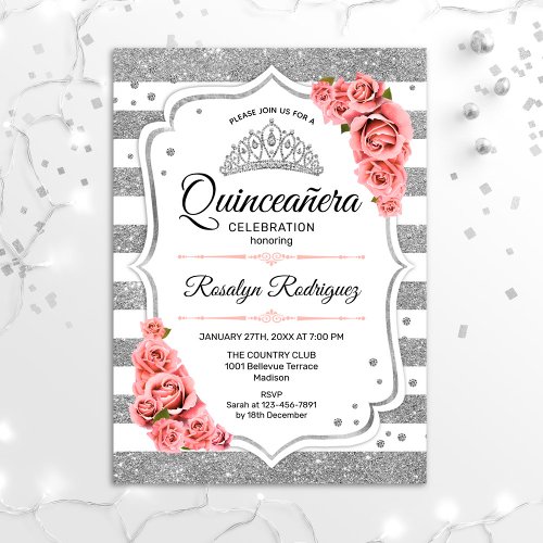 Quinceanera _ White Silver Blush Pink Invitation
