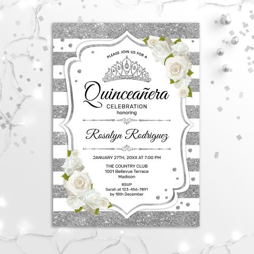 Quinceanera _ White Silver Invitation