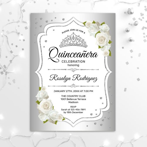 Quinceanera _ White Silver Invitation