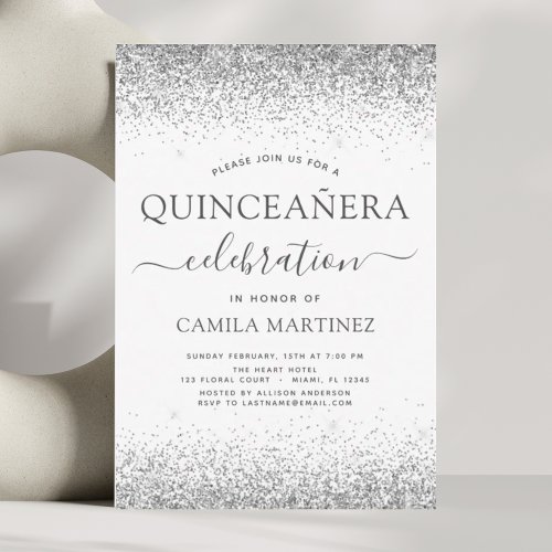 Quinceanera White Silver Modern Glitter Sparkle Invitation