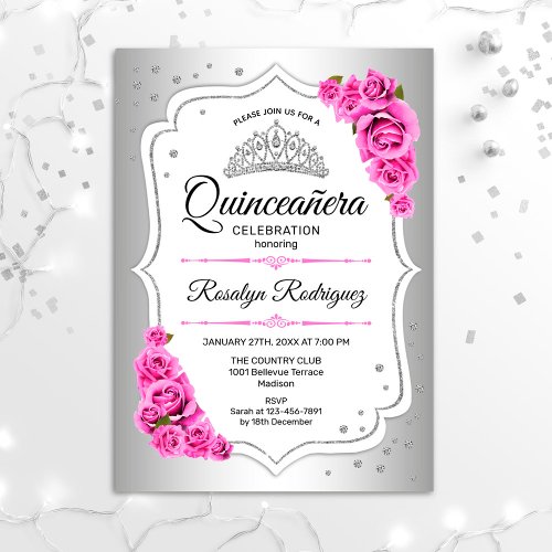 Quinceanera _ White Silver Pink Invitation