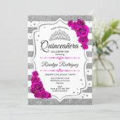 Quinceanera - White Silver Stripes Hot Pink Invitation (Standing Front)
