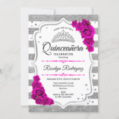 Quinceanera - White Silver Stripes Hot Pink Invitation (Front)