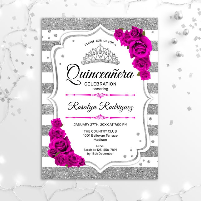 Quinceanera - White Silver Stripes Hot Pink Invitation
