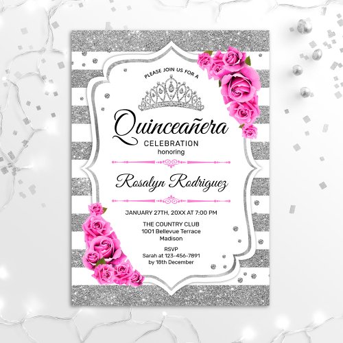 Quinceanera _ White Silver Stripes Pink Invitation