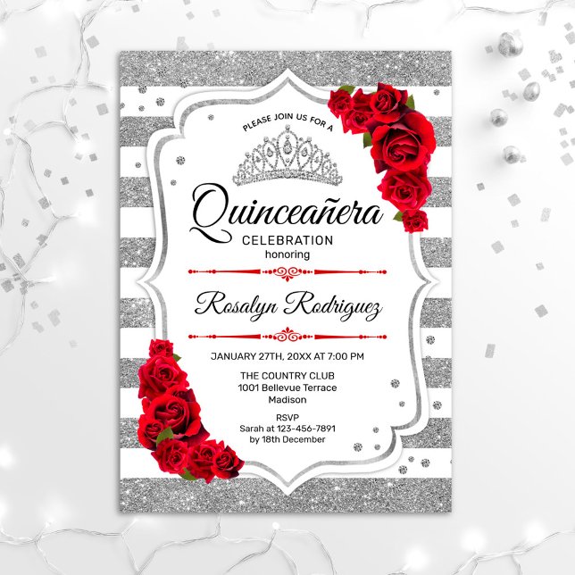 Quinceanera - White Silver Stripes Red Invitation (Creator Uploaded)
