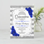 Quinceanera - White Silver Stripes Royal Blue Invitation (Standing Front)