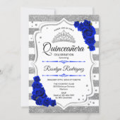 Quinceanera - White Silver Stripes Royal Blue Invitation (Front)
