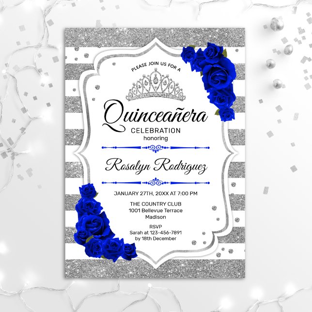 Quinceanera - White Silver Stripes Royal Blue Invitation