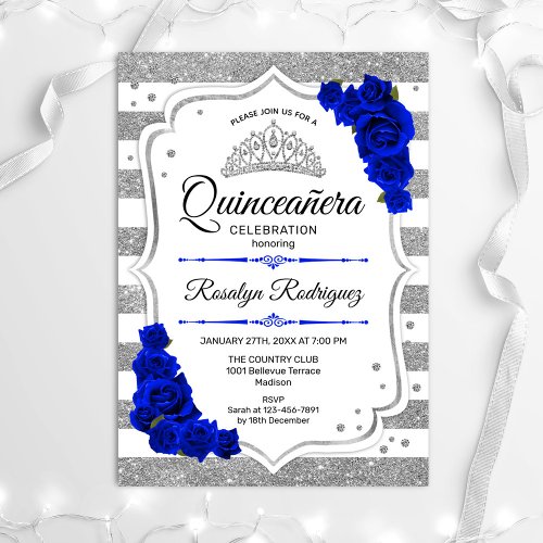 Quinceanera _ White Silver Stripes Royal Blue Invitation