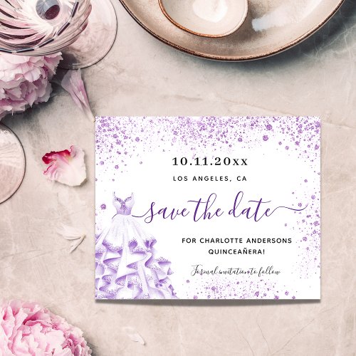 Quinceanera white violet budget save the date flyer