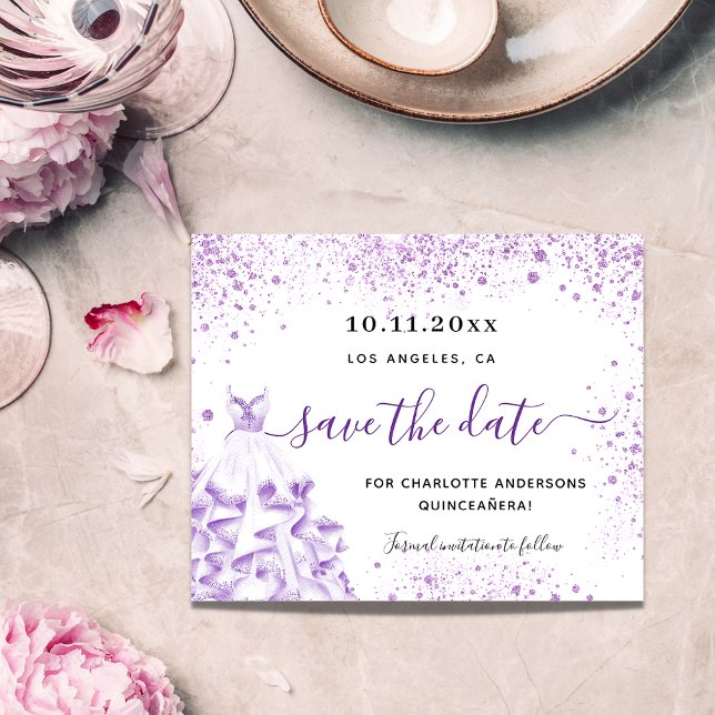 Quinceanera white violet budget save the date flyer (Creator Uploaded)
