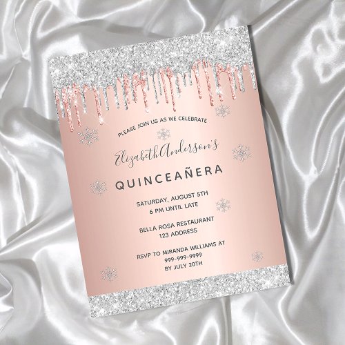 Quinceanera winter silver glitter pink invitation postcard