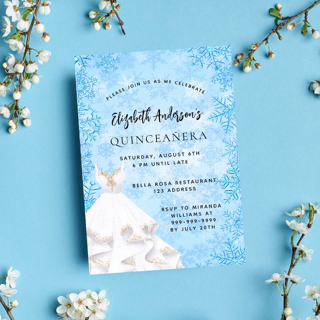 Quinceanera winter snowflakes blue white dress invitation (Creator Uploaded)