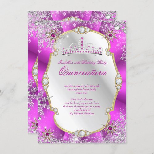 Quinceanera Winter Wonderland Hot Pink Gold Silver Invitation