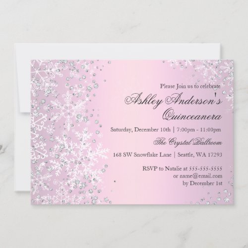 Quinceanera Winter Wonderland Pink Snowflakes Invitation
