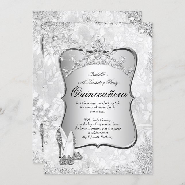 Quinceanera Winter Wonderland Silver Snowflake 2 Invitation (Front/Back)