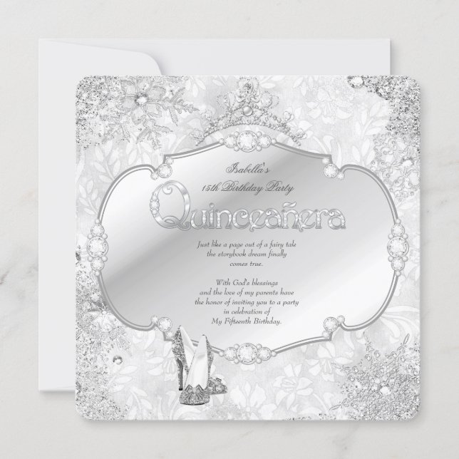 Quinceanera Winter Wonderland Silver Snowflake B Invitation (Front)