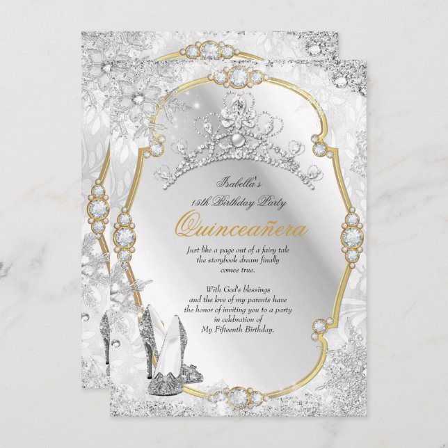 Quinceanera Winter Wonderland Snowflake Gold White Invitation (Front/Back)