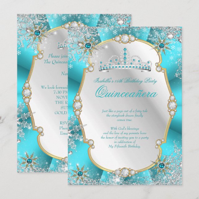 Quinceanera Winter Wonderland Teal Gold Silver Invitation (Front/Back)