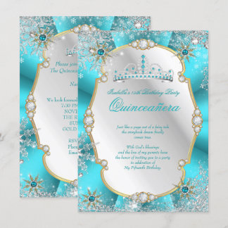 Quinceanera Winter Wonderland Teal Gold Silver Invitation