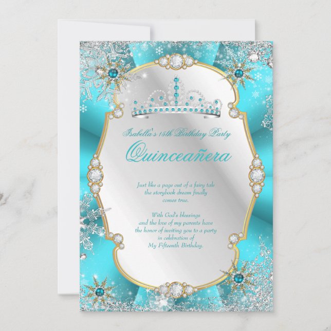 Quinceanera Winter Wonderland Teal Gold Silver Invitation (Front)