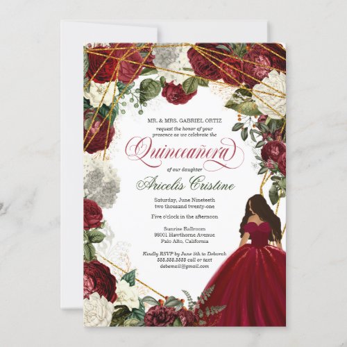 Quinceanera with elegant gown and burgundy florals invitation