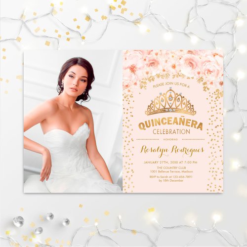 Quinceanera With Photo _ Gold Blush Pink Invitation