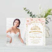 Quinceanera With Photo - Gold Pink Floral Invitation (Standing Front)