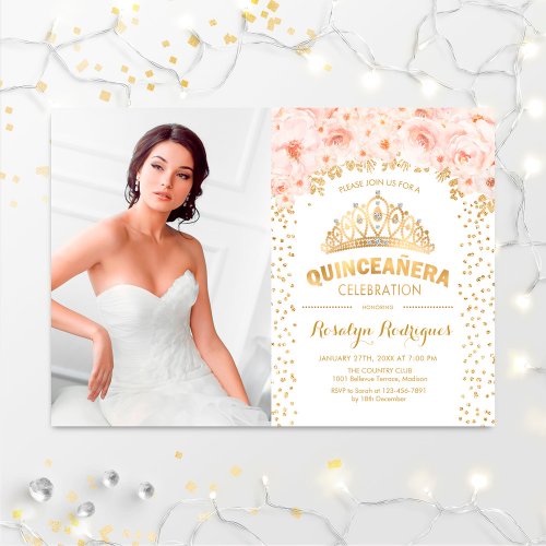 Quinceanera With Photo _ Gold Pink Floral Invitation