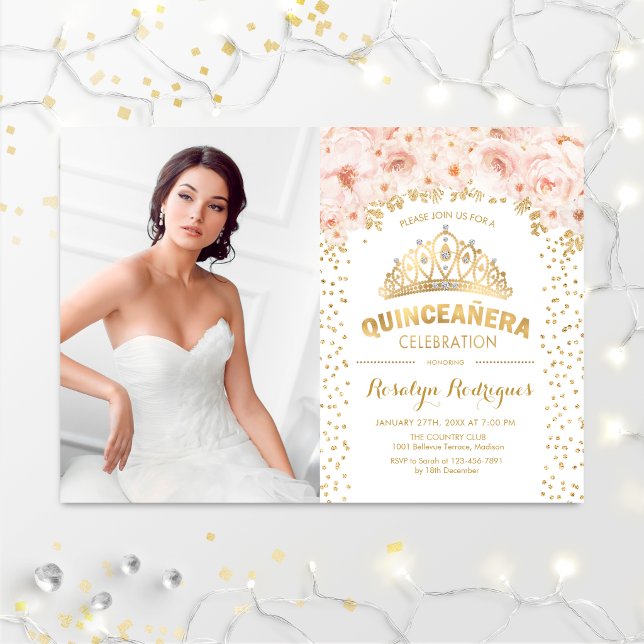 Quinceanera With Photo - Gold Pink Floral Invitation