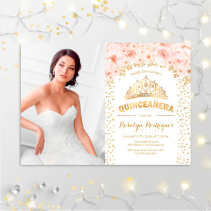 Quinceanera With Photo - Gold Pink Roses Invitation