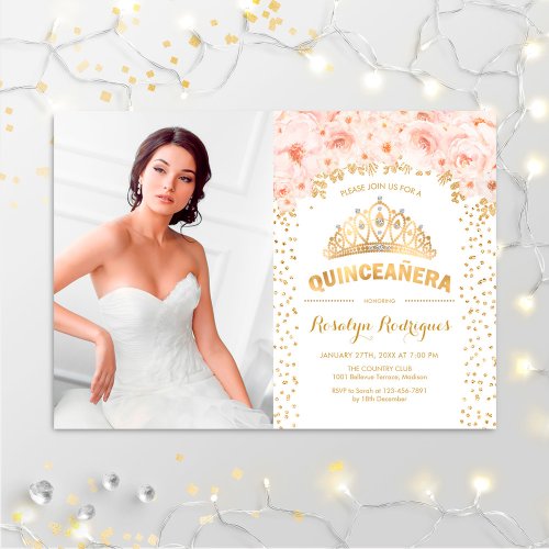 Quinceanera With Photo _ Gold Pink Roses Invitation