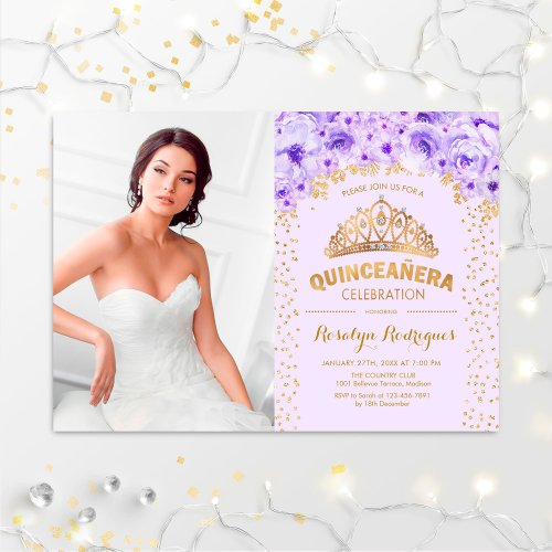 Quinceanera With Photo _ Gold Purple Floral Invitation