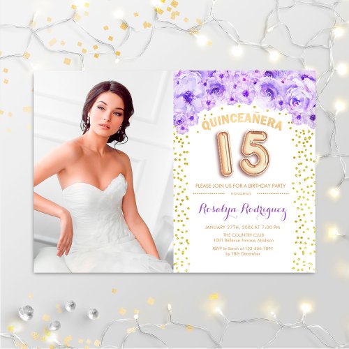 Quinceanera With Photo Gold Purple Floral Invitation