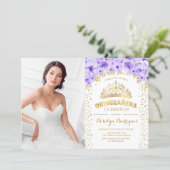 Quinceanera With Photo - Gold Purple White Invitation (Standing Front)