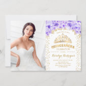 Quinceanera With Photo - Gold Purple White Invitation (Front)