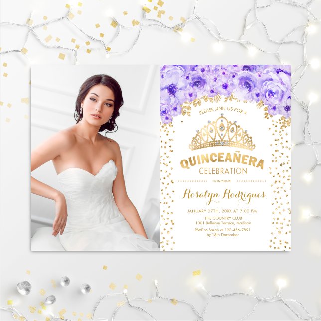 Quinceanera With Photo - Gold Purple White Invitation