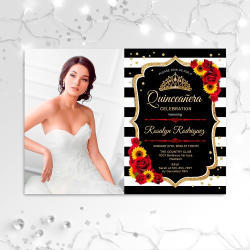 Quinceanera With Photo _ Red Roses Sunflowers Invitation