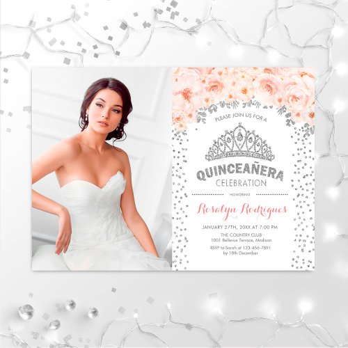 Quinceanera With Photo _ Silver Pink Floral Invitation