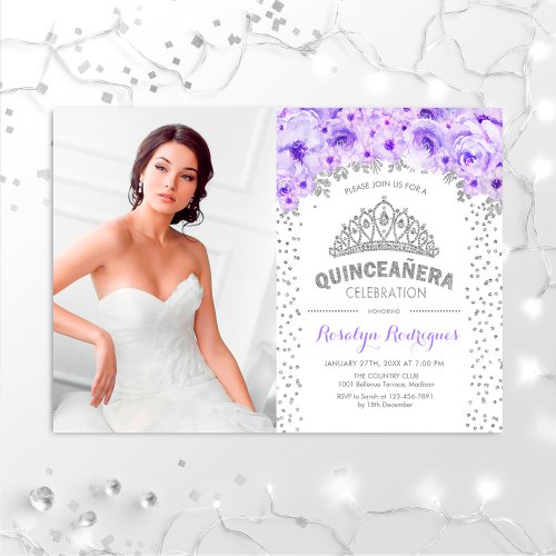 Quinceanera With Photo _ Silver Purple White Invitation