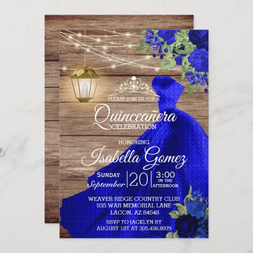 Quinceaera Wood and Dark Blue Flowers Invitation