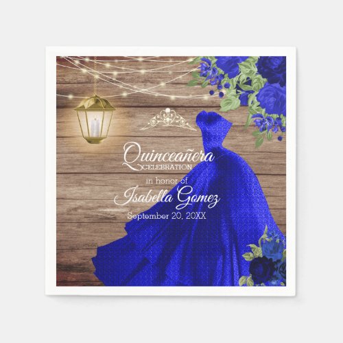 Quinceaera Wood and Dark Blue Flowers Napkins