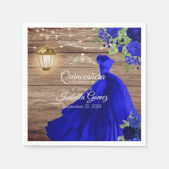 Quinceañera Wood and Dark Blue Flowers Napkins (Front)