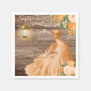 Quinceañera Wood and Orange Flowers Napkins
